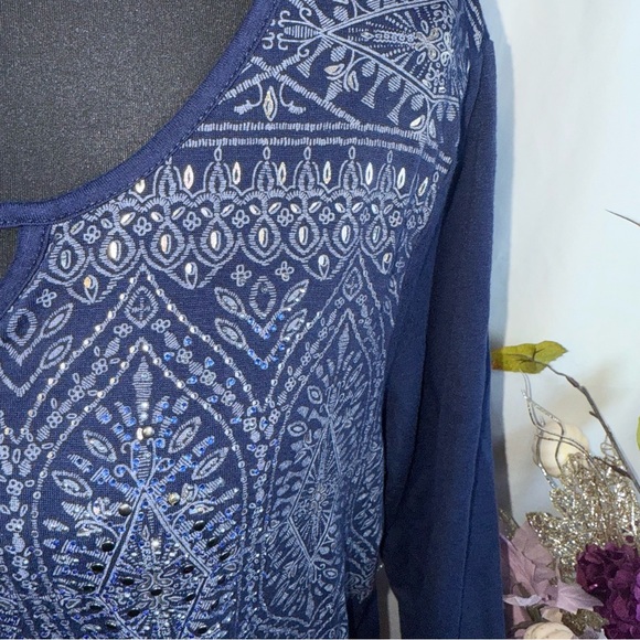 French Blue PXL Boho Embellished Navy Tunic Sheer Hem Long Sleeve - Picture 2 of 8
